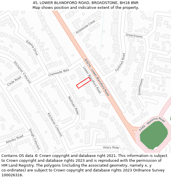 45, LOWER BLANDFORD ROAD, BROADSTONE, BH18 8NR: Location map and indicative extent of plot