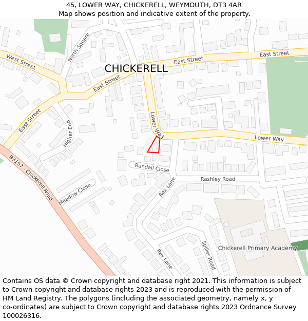 45, LOWER WAY, CHICKERELL, WEYMOUTH, DT3 4AR: Location map and indicative extent of plot