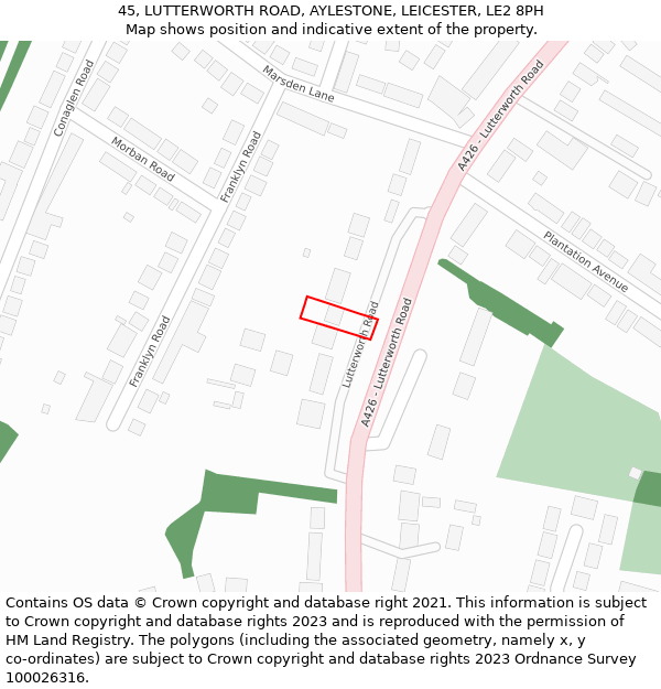 45, LUTTERWORTH ROAD, AYLESTONE, LEICESTER, LE2 8PH: Location map and indicative extent of plot