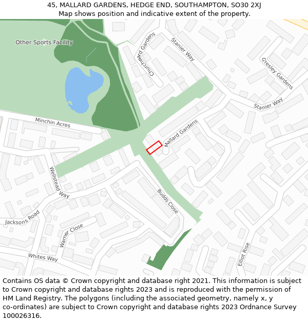 45, MALLARD GARDENS, HEDGE END, SOUTHAMPTON, SO30 2XJ: Location map and indicative extent of plot