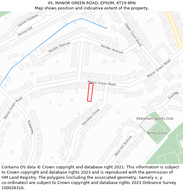 45, MANOR GREEN ROAD, EPSOM, KT19 8RN: Location map and indicative extent of plot