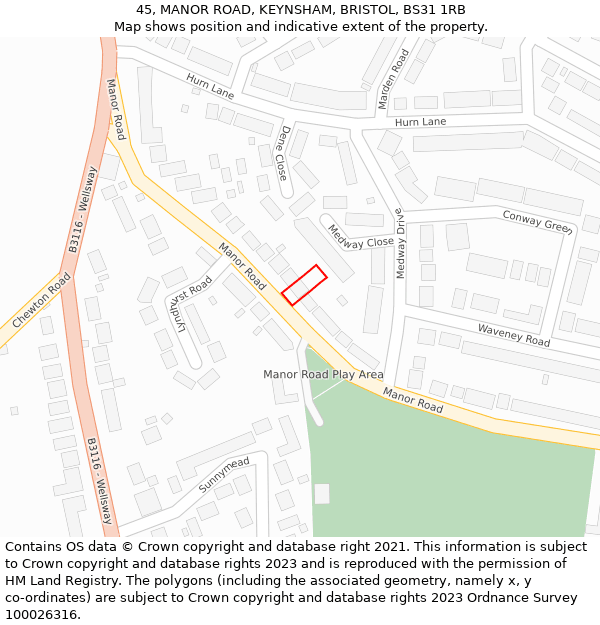 45, MANOR ROAD, KEYNSHAM, BRISTOL, BS31 1RB: Location map and indicative extent of plot