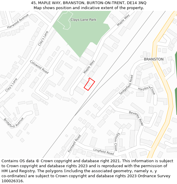 45, MAPLE WAY, BRANSTON, BURTON-ON-TRENT, DE14 3NQ: Location map and indicative extent of plot
