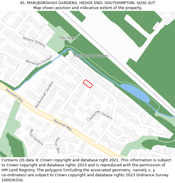 45, MARLBOROUGH GARDENS, HEDGE END, SOUTHAMPTON, SO30 2UT: Location map and indicative extent of plot