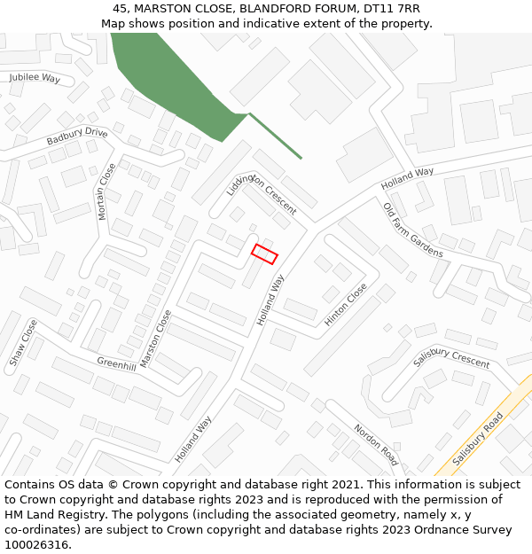 45, MARSTON CLOSE, BLANDFORD FORUM, DT11 7RR: Location map and indicative extent of plot