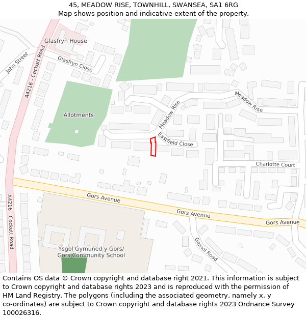 45, MEADOW RISE, TOWNHILL, SWANSEA, SA1 6RG: Location map and indicative extent of plot