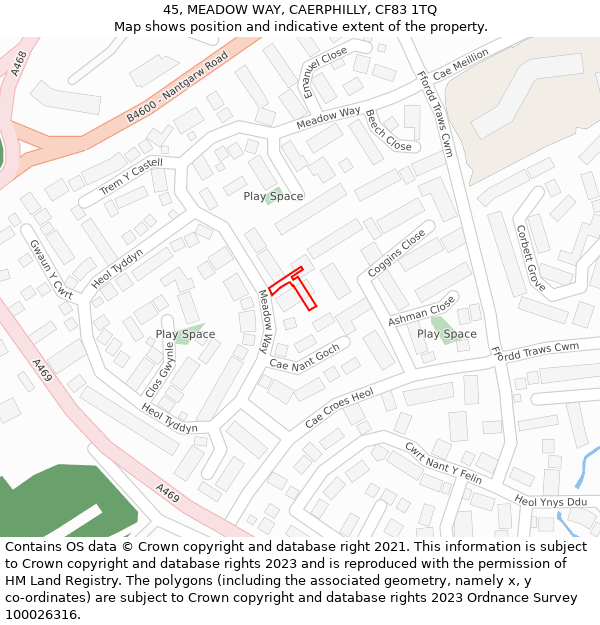 45, MEADOW WAY, CAERPHILLY, CF83 1TQ: Location map and indicative extent of plot