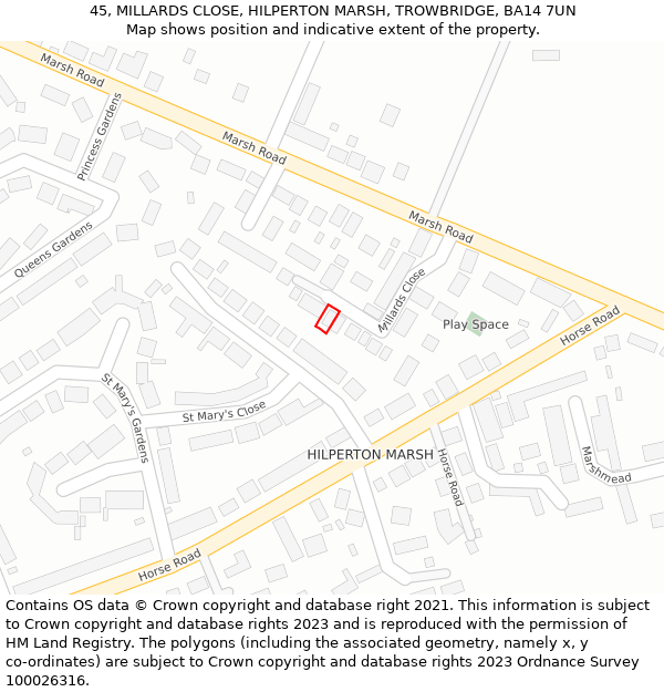 45, MILLARDS CLOSE, HILPERTON MARSH, TROWBRIDGE, BA14 7UN: Location map and indicative extent of plot