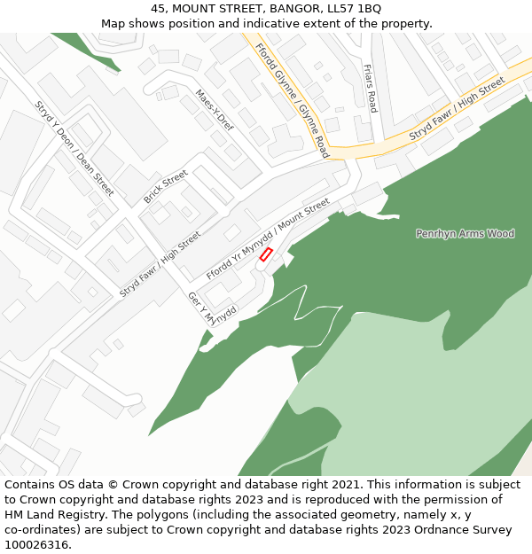 45, MOUNT STREET, BANGOR, LL57 1BQ: Location map and indicative extent of plot