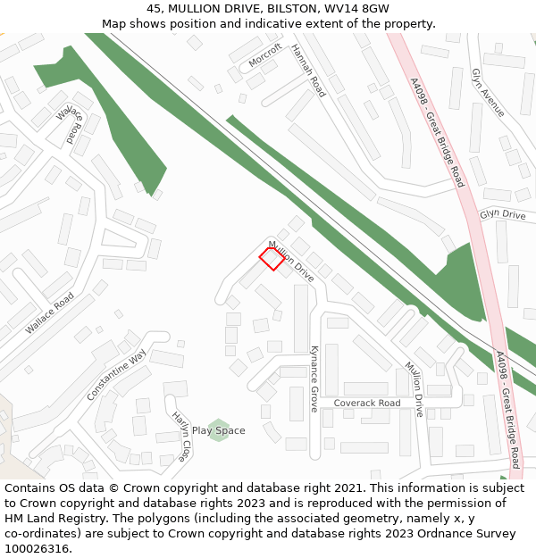 45, MULLION DRIVE, BILSTON, WV14 8GW: Location map and indicative extent of plot