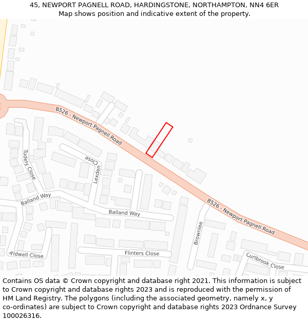 45, NEWPORT PAGNELL ROAD, HARDINGSTONE, NORTHAMPTON, NN4 6ER: Location map and indicative extent of plot