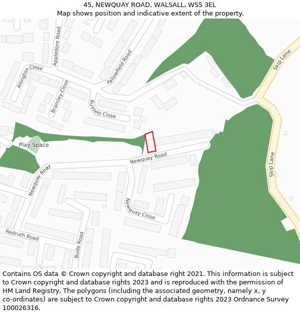 45, NEWQUAY ROAD, WALSALL, WS5 3EL: Location map and indicative extent of plot