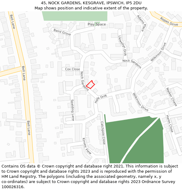 45, NOCK GARDENS, KESGRAVE, IPSWICH, IP5 2DU: Location map and indicative extent of plot