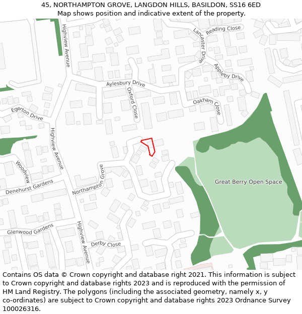 45, NORTHAMPTON GROVE, LANGDON HILLS, BASILDON, SS16 6ED: Location map and indicative extent of plot