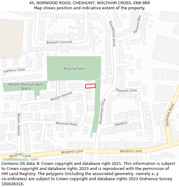 45, NORWOOD ROAD, CHESHUNT, WALTHAM CROSS, EN8 9RR: Location map and indicative extent of plot