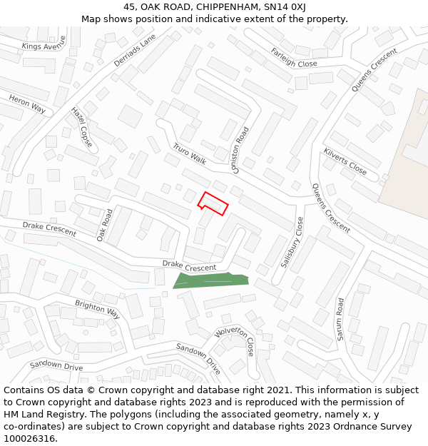 45, OAK ROAD, CHIPPENHAM, SN14 0XJ: Location map and indicative extent of plot