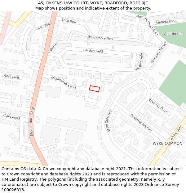 45, OAKENSHAW COURT, WYKE, BRADFORD, BD12 9JE: Location map and indicative extent of plot