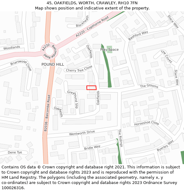 45, OAKFIELDS, WORTH, CRAWLEY, RH10 7FN: Location map and indicative extent of plot