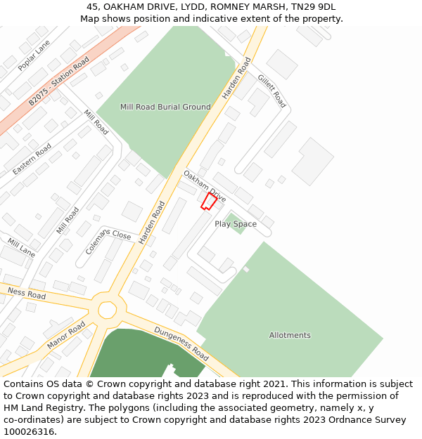 45, OAKHAM DRIVE, LYDD, ROMNEY MARSH, TN29 9DL: Location map and indicative extent of plot