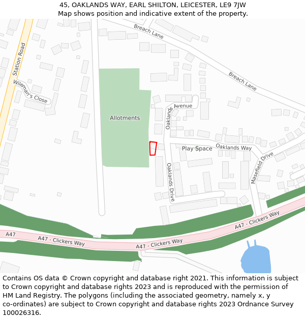 45, OAKLANDS WAY, EARL SHILTON, LEICESTER, LE9 7JW: Location map and indicative extent of plot