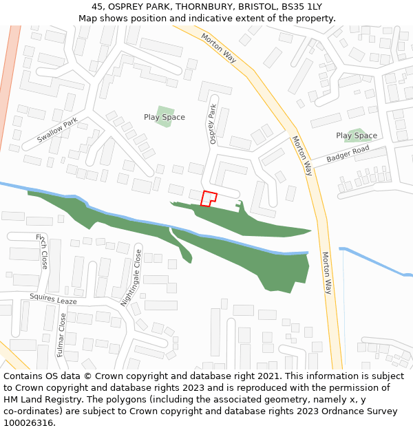 45, OSPREY PARK, THORNBURY, BRISTOL, BS35 1LY: Location map and indicative extent of plot