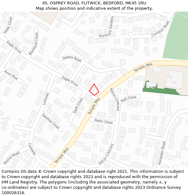 45, OSPREY ROAD, FLITWICK, BEDFORD, MK45 1RU: Location map and indicative extent of plot