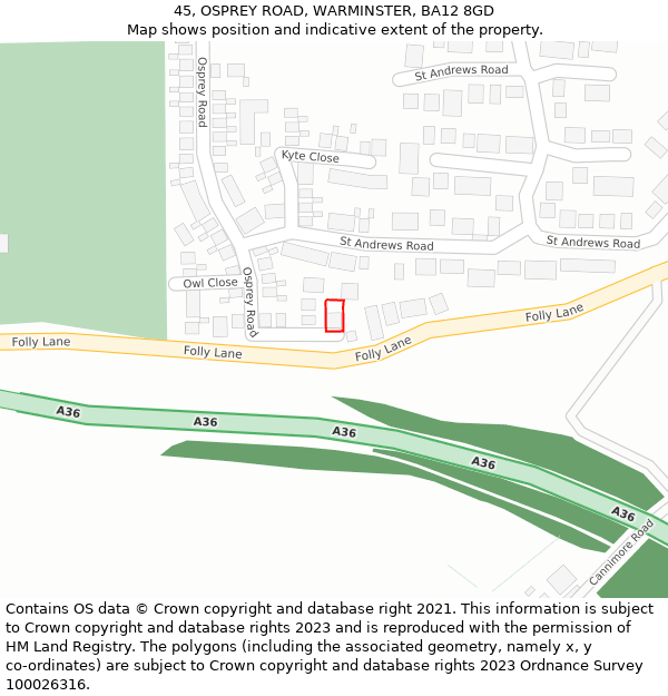 45, OSPREY ROAD, WARMINSTER, BA12 8GD: Location map and indicative extent of plot