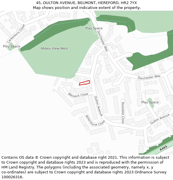 45, OULTON AVENUE, BELMONT, HEREFORD, HR2 7YX: Location map and indicative extent of plot