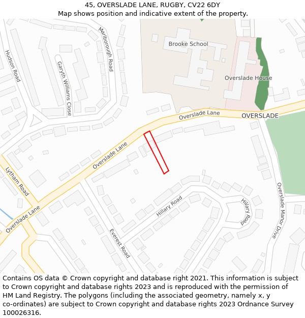 45, OVERSLADE LANE, RUGBY, CV22 6DY: Location map and indicative extent of plot