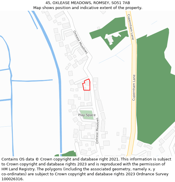 45, OXLEASE MEADOWS, ROMSEY, SO51 7AB: Location map and indicative extent of plot