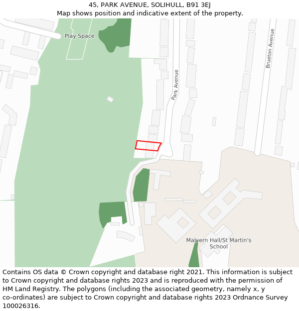 45, PARK AVENUE, SOLIHULL, B91 3EJ: Location map and indicative extent of plot