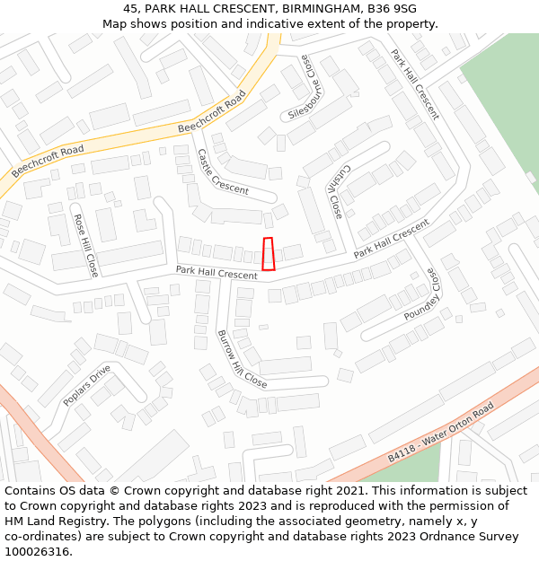 45, PARK HALL CRESCENT, BIRMINGHAM, B36 9SG: Location map and indicative extent of plot