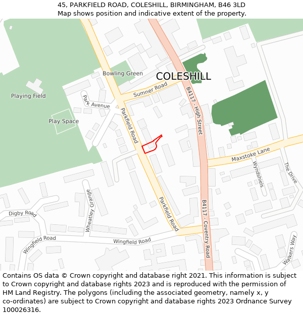 45, PARKFIELD ROAD, COLESHILL, BIRMINGHAM, B46 3LD: Location map and indicative extent of plot