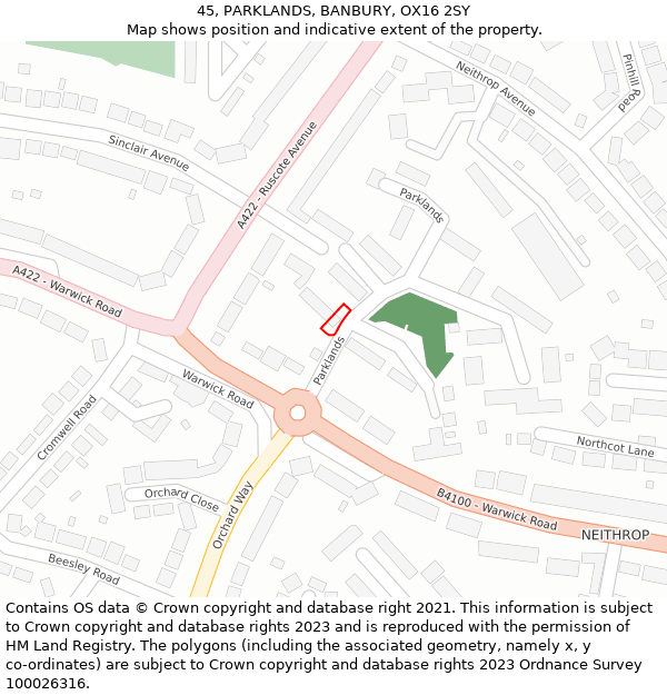 45, PARKLANDS, BANBURY, OX16 2SY: Location map and indicative extent of plot