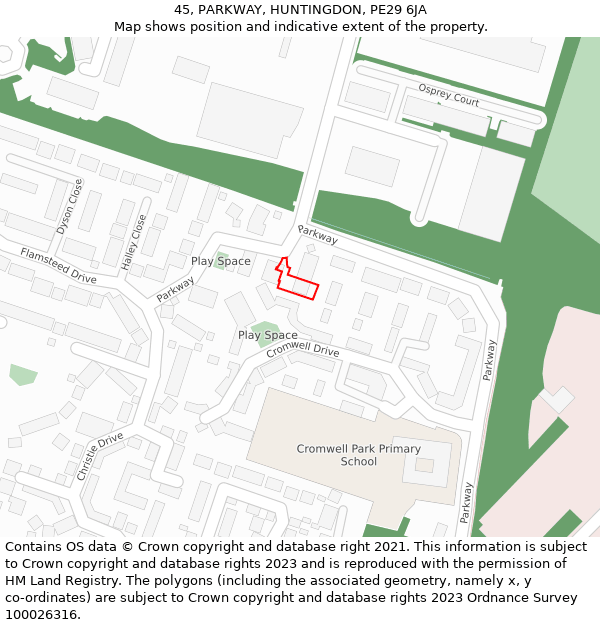 45, PARKWAY, HUNTINGDON, PE29 6JA: Location map and indicative extent of plot