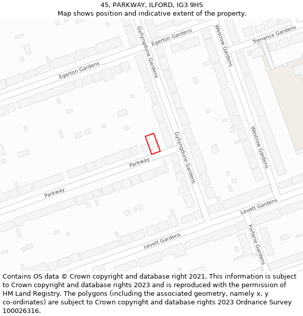 45, PARKWAY, ILFORD, IG3 9HS: Location map and indicative extent of plot