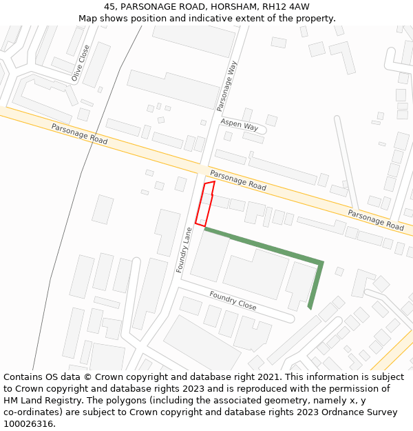 45, PARSONAGE ROAD, HORSHAM, RH12 4AW: Location map and indicative extent of plot