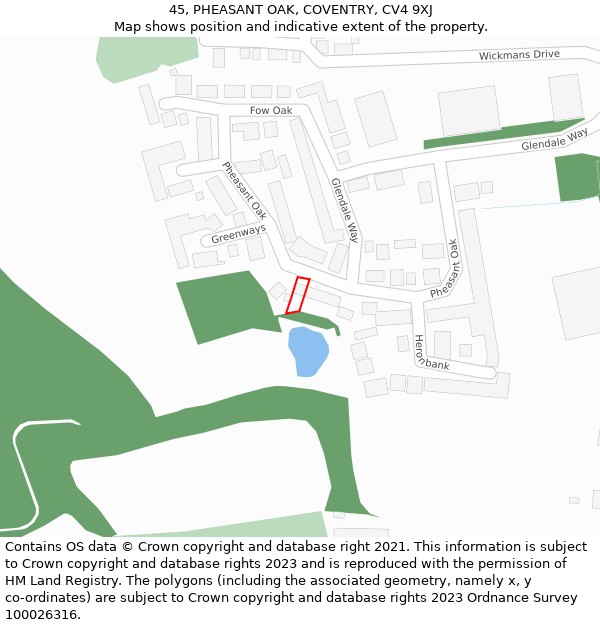 45, PHEASANT OAK, COVENTRY, CV4 9XJ: Location map and indicative extent of plot