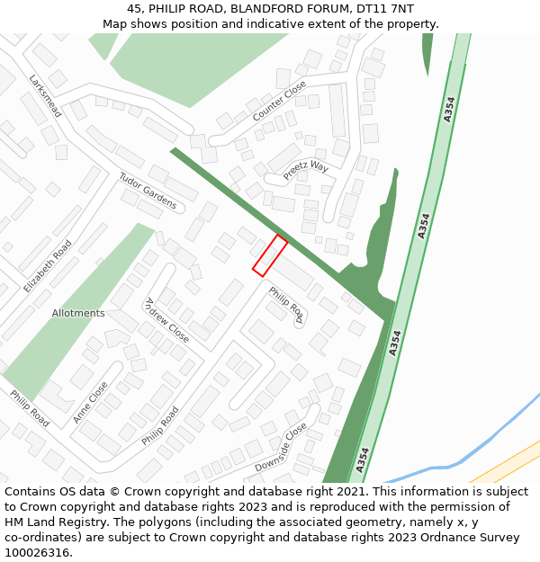 45, PHILIP ROAD, BLANDFORD FORUM, DT11 7NT: Location map and indicative extent of plot