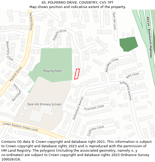 45, POLPERRO DRIVE, COVENTRY, CV5 7PT: Location map and indicative extent of plot