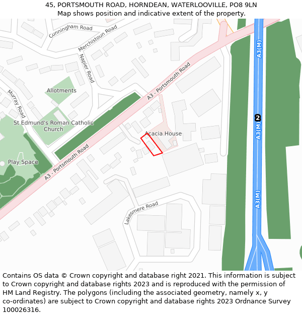 45, PORTSMOUTH ROAD, HORNDEAN, WATERLOOVILLE, PO8 9LN: Location map and indicative extent of plot