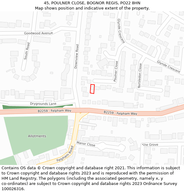 45, POULNER CLOSE, BOGNOR REGIS, PO22 8HN: Location map and indicative extent of plot