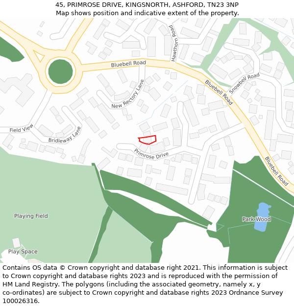 45, PRIMROSE DRIVE, KINGSNORTH, ASHFORD, TN23 3NP: Location map and indicative extent of plot