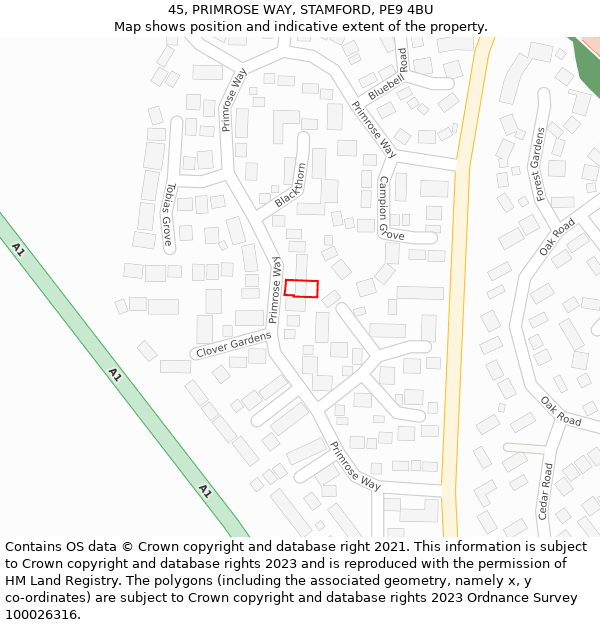 45, PRIMROSE WAY, STAMFORD, PE9 4BU: Location map and indicative extent of plot