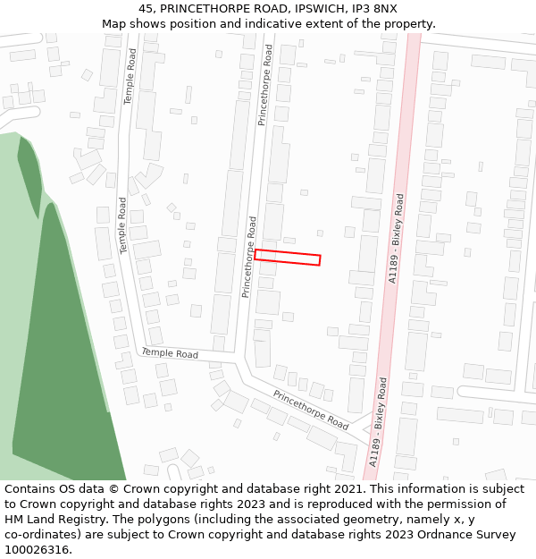 45, PRINCETHORPE ROAD, IPSWICH, IP3 8NX: Location map and indicative extent of plot