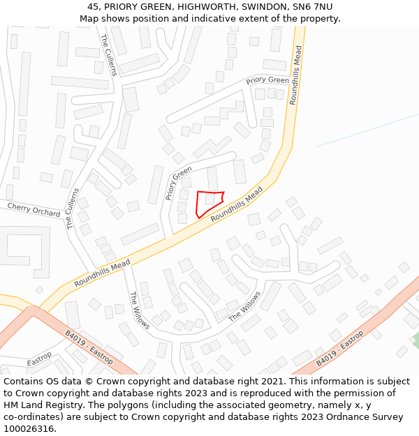 45, PRIORY GREEN, HIGHWORTH, SWINDON, SN6 7NU: Location map and indicative extent of plot