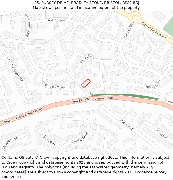 45, PURSEY DRIVE, BRADLEY STOKE, BRISTOL, BS32 8DJ: Location map and indicative extent of plot