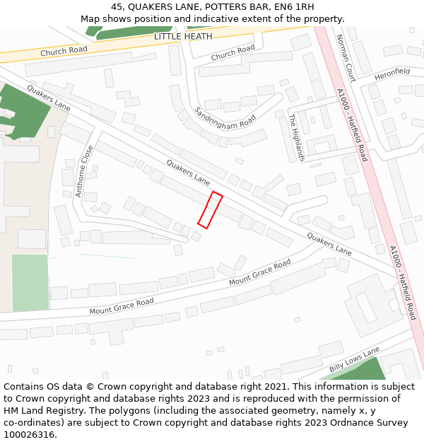 45, QUAKERS LANE, POTTERS BAR, EN6 1RH: Location map and indicative extent of plot