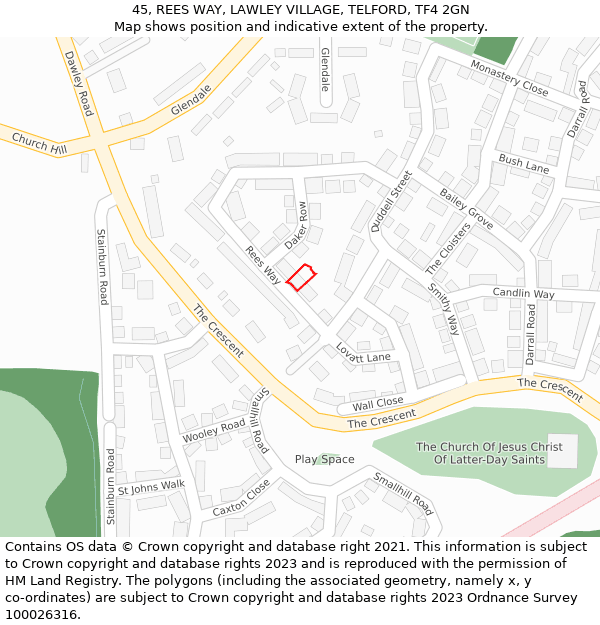 45, REES WAY, LAWLEY VILLAGE, TELFORD, TF4 2GN: Location map and indicative extent of plot
