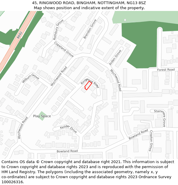 45, RINGWOOD ROAD, BINGHAM, NOTTINGHAM, NG13 8SZ: Location map and indicative extent of plot